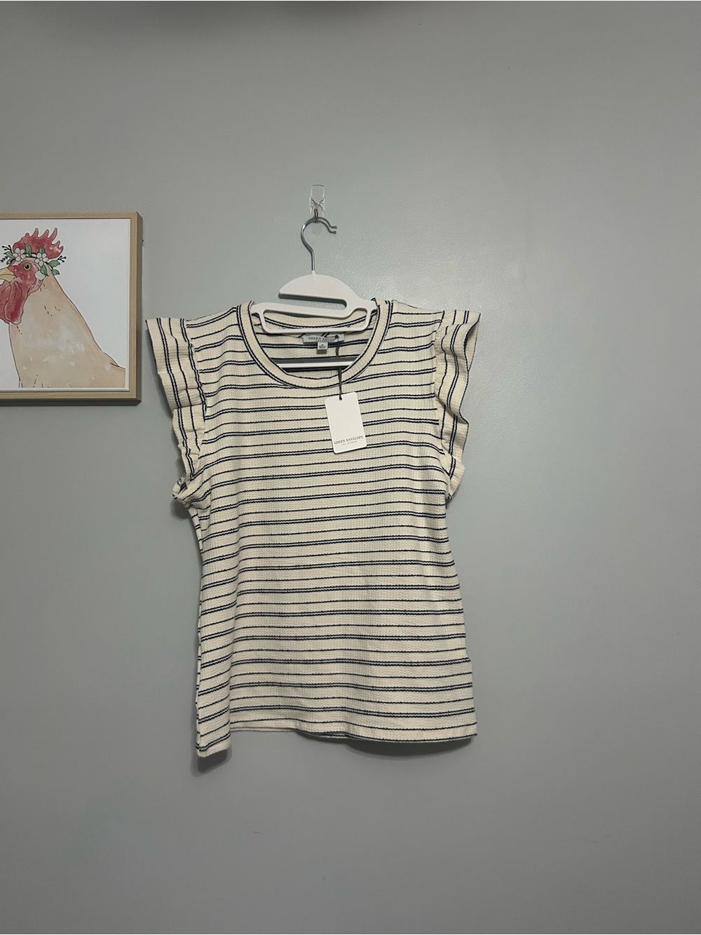 Cream & Black Striped Ruffle Sleeve Tee